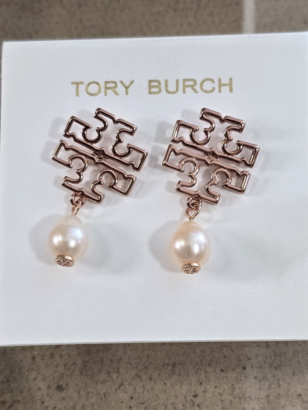 Tory Burch Rose Gold Logo Drop Earrings with Cream Pearls
